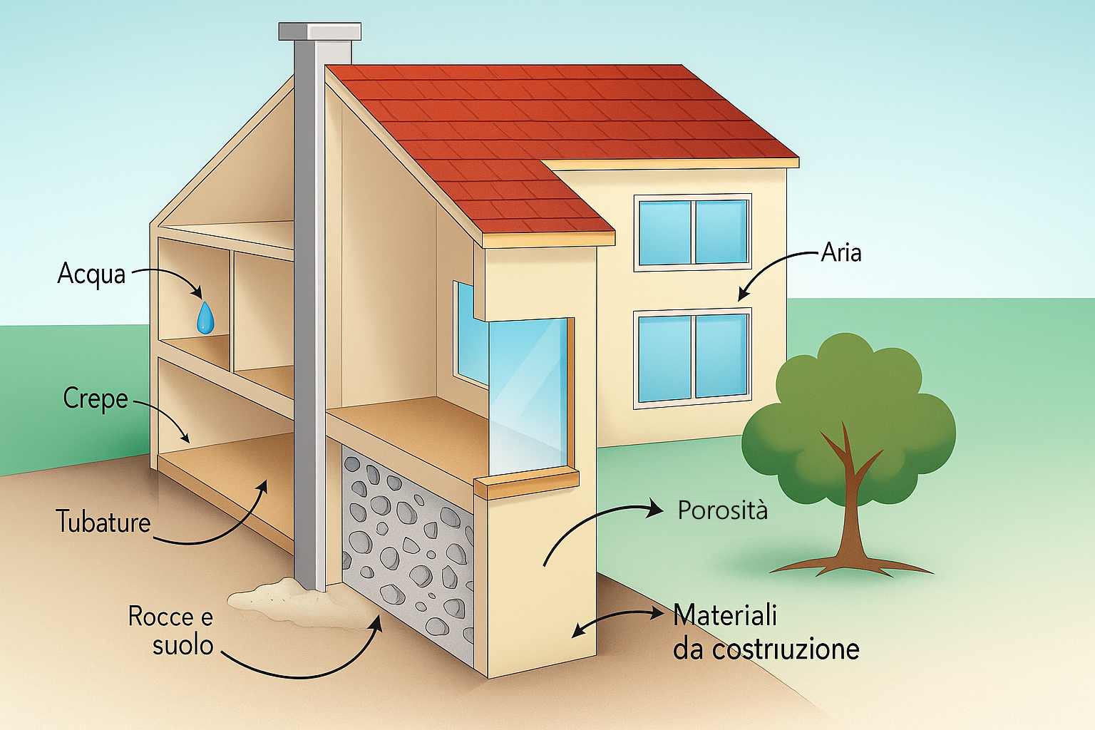 Schema della diffusione del gas radon in un'abitazione